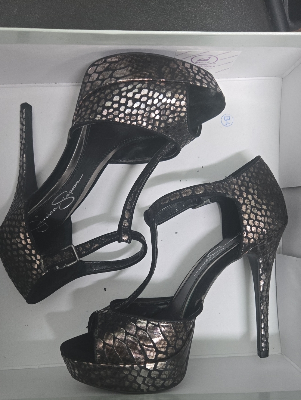 Black Viper Gun Metal Rose Gold Snake-Print T-Strap Platform Heels